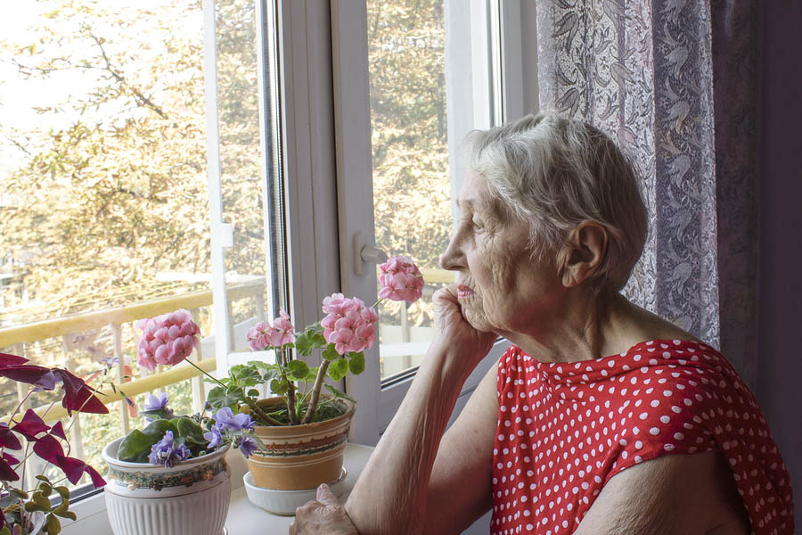 Elderly woman alone by window - preventing loneliness and social isolation in seniors