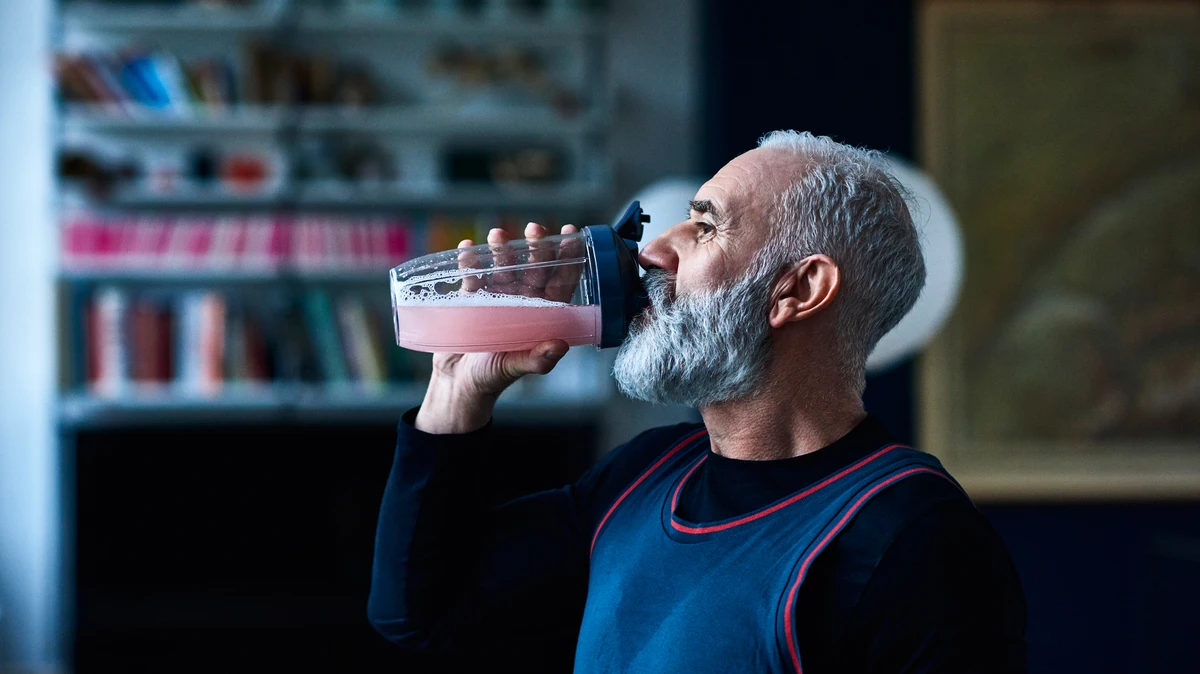 senior man drinking protein shake for muscle health