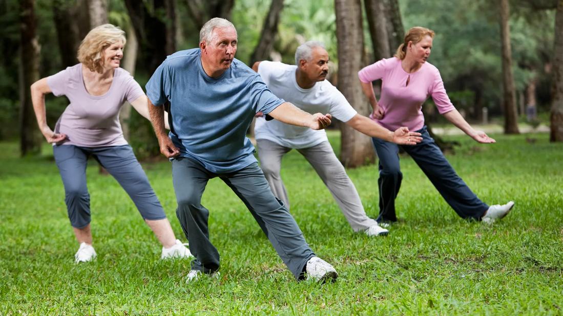 Group of seniors doing tai chi outdoors in a park - tai chi benefits for balance